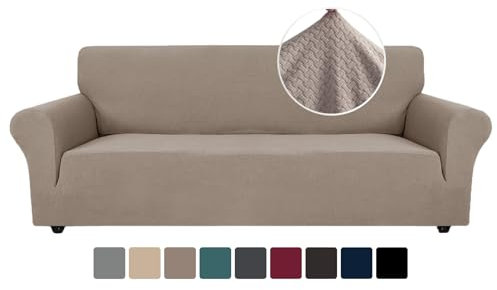Ystyle Stretch Sofa überzug 4 Sitzer, Elastisch Sofabezug Mit Armlehnen, Jacquard Couch überzug rutschfest, Waschbar Sofa Cover Protector Für Hunde Haustiere, Sand