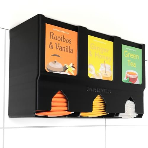 MARTEA Teeregal für die Wand - hängender Teebeutelspender zur hochkant Tee Aufbewahrung als Gastro Küchen Organizer (schwarz, ohne Deckel, inklusive Fachverkleinerung)