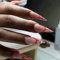 NICENEEDED 24 PCS Long Stiletto Press on False Nails, Almond Red Stripe Full Cover Glue on Fake Nails, Glossy Acrylic Stick on Artificial Nails for Women and Grils