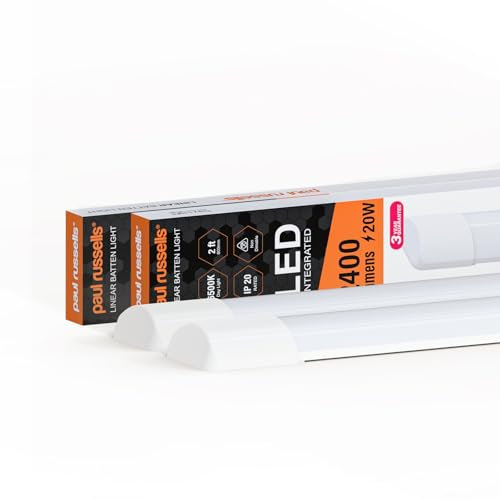 paul russells 6ft LED Batten, Ceiling Fitting Tube Light, 6500K Daylight, 60W, 6600 Lumens, Light for Office, Bathroom, Kitchen, Garage, Warehouse Fluorescent Lighting Replacement, 2 Packs
