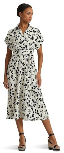 Lauren Ralph Lauren Damen Leaf-Print Belted Crepe Dress Lässiges Business-Kleid, cremefarben/schwarz, 34
