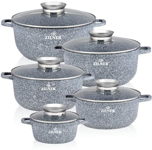 Topfset Induktion 10-Teilig mit Glasdeckel | Kochtopf Set 5 Töpfen aus Aluminiumguss | 5x Kochtöpfe Ø16, 20, 22, 24, 26 cm | PFOA & PFOS-freie | Antihaftbeschichtung aus grauem Granit