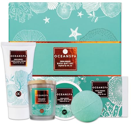 accentra - Geschenkset Frauen OCEAN SPA 5-teilig - Badeset Geschenk mit Duftkerze, Seife, Handcreme, Körperbutter & Badebombe – Wellness Set für Frauen & Mädchen zum Geburtstag, Duft: Fresh Breeze
