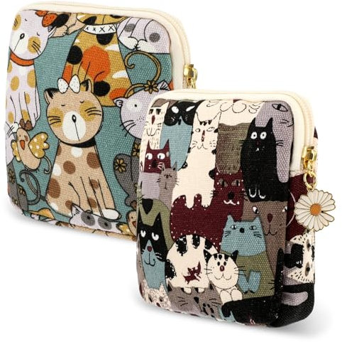 Cobee 2PCS Sanitary Pad Storage Bag, Cute Sanitary Napkin Storage Purses Portable Period Bag with Daisy Zipper Panty Liner Tampon Menstrual Cup Nursing Pad Holder Pouch for Girls Women Travel(Cat)