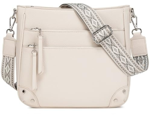 Waniki Umhängetasche Damen Mittelgroß Handtasche Damen Leder PU Schultertasche Crossbody Bag Klein Damenhandtasche Tasche Damen mit Breitem gurt Mehrere Fächertaschen für Frauen Beige