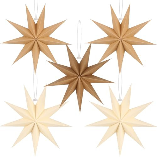 BestoFun 5 Stück Papiersterne Weihnachten Braun 30cm Khaki 9 Zacken Papiersterne Faltsterne Aufhängen Beige Weihnachten Dekoration für Tischdeko Weihnachten Zimmer Hochzeit