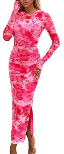 EMOTTOS Women's Pink Floral Print Boho Maxi Dress, XL