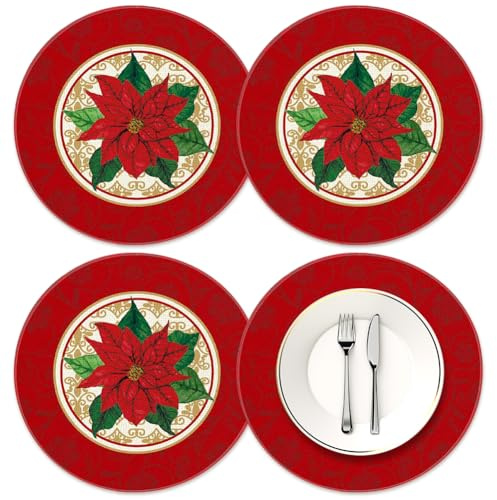 4 Stück Runden WeihnachtsTischsets,Weihnachts Tischsets,Tischmatten Platzdeckchen,schsets Weihnachten Abwaschbar, Leinen Weihnachts Platzsets,Weihnachtstischset FüR KüChe Party Deko (A)