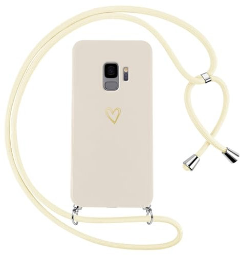 Oelrstfe Coque pour Samsung Galaxy S9 avec Cordon de Collier Étui Housse Souple Silicone avec Motif Coeur et Portable Lanyard Réglable Antichoc Anti-Chute Bandoulière Lanière Case,Blanc