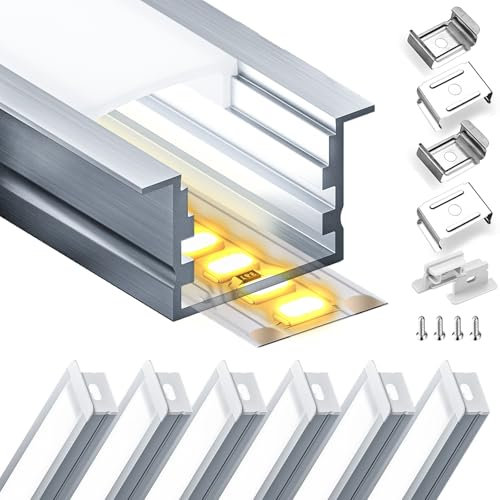 LASLUX LED Aluminium Profil 6 x 2m(12m) Aluminium Einbauprofil für LED Streifen bis 15 mm Breite mit milchweißer PC Abdeckung und Zubehörset(SP25)