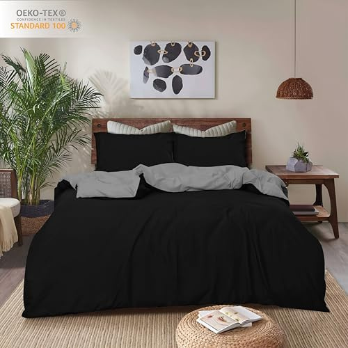 REHAN & CO King Duvet Cover Sets – Soft Brushed Microfiber Bedding – Reversible Quilt Cover With Pillow Cases (Grey/Black)