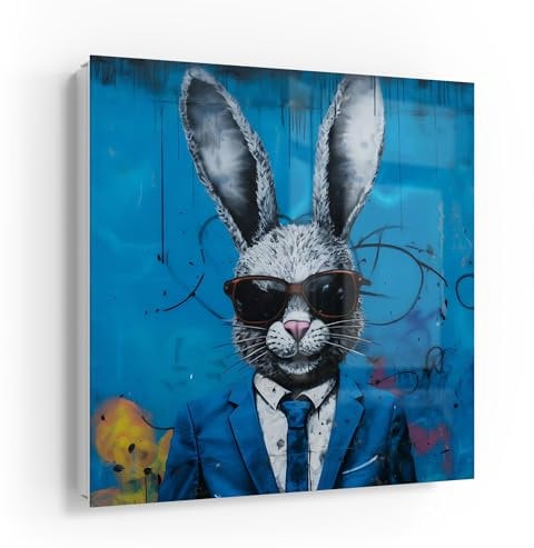 DEQOART Schlüsselkasten weiß | 30x30 cm | Motiv Business-Kaninchen | Glas & Metall Schlüssel-Box | Schlüsselschrank mit 50 Haken + 2 Magnete | Moderne Design Box magnetisch & beschreibbar