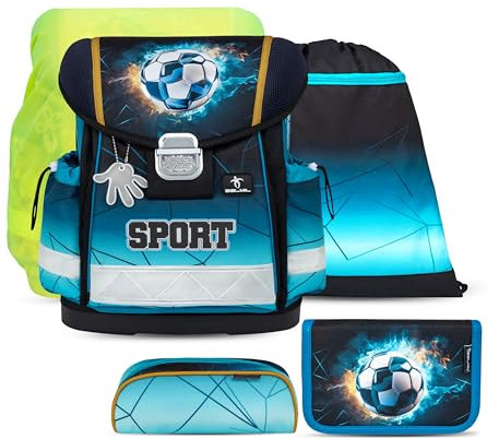 Belmil Schulranzen Set 403-13/AG/S/R 5 - teilig ergonomischer Schulranzen Set mit Regenschutz 1. klasse 2. klasse 3. klasse - Super Leicht 930-990 g/Grundschule (Fire Football)