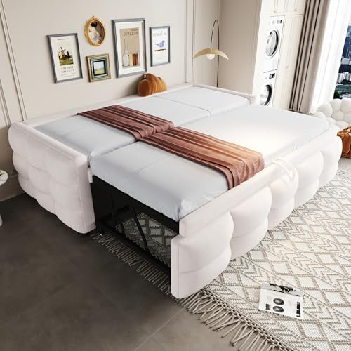 A ALFRESCOOL Polsterbett Ausziehbares Schlafsofa 90/180 * 190cm, Puffbett, Teddy Samt Stoff, Einzelbett, Doppelbett, Mit Lattenrost, Multifunktionsbett, Beige