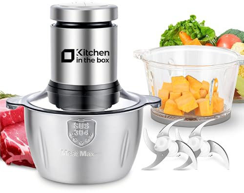 Kitchen in the Box Zerkleinerer Küche Elektrisch 400W Multizerkleinerer, fleischwolf mit 2 Schüsseln (1L Glasschüssel+2L Stahlschüssel) und 2 Bi-Level Klingen, Zerkleinerer für Gemüse,Zwiebeln,Fleisch