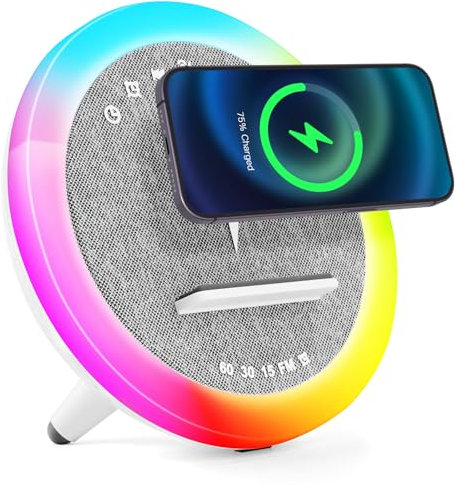 BatdTech Lámpara de carga inalámbrica 15W, luz nocturna RGB multifuncional, estación de carga inalámbrica, altavoz Bluetooth, despertador digital para dormitorio/camping