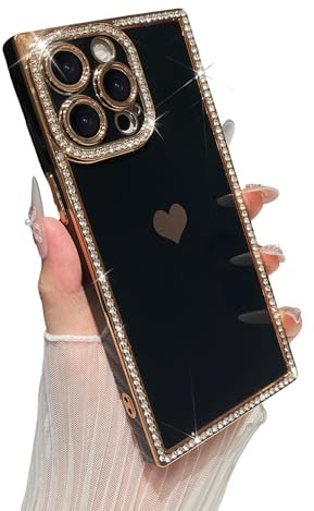 Skyseaco for iPhone 14 Pro Case Glitter, Luxury Sparkly Bling Diamond Rhinestone Cover, Gold Rectangle Bumper Shockproof Phone Case for Women Girls, Black