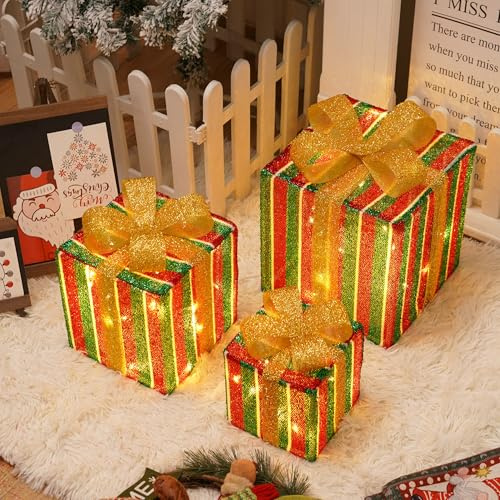 Aluusy 3er LED Geschenkboxen Weihnachten, 50 LED Geschenke Leucht Boxen 8 Modi Weihnachtsgeschenkboxen Innen mit Timer Fernbedienung, Weihnachts Dekoboxen für Weihnachtsbaum Dekoration