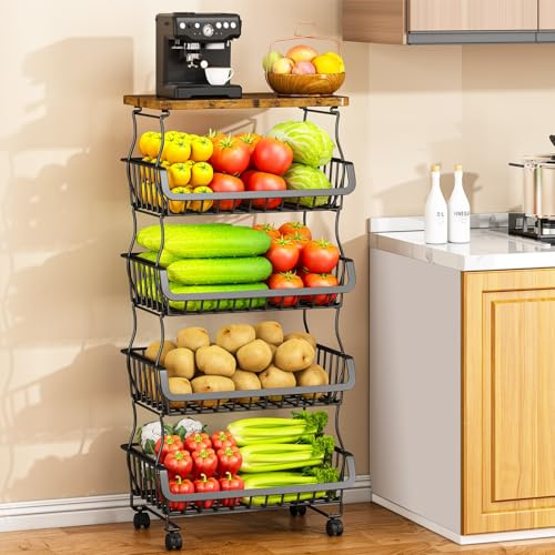 Casavibe 5 Tier Fruit Baskets for Kitchens,Multi-Use Rolling Shelving Unit for Kitchen Fruits Vegetables Dishes, Mobile Pantry & Bathroom Storage Organizer