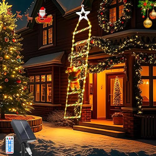 Weihnachtsmann Leiter Lichterkette, 2 M/6,56 Fuß 124 LEDs Solar Weihnachtslichter mit 8 Modi & Fernbedienung, 8 Leitern, Santa Kletterleiter für Indoor Outdoor Balkon Weihnachtsbaum Dekor