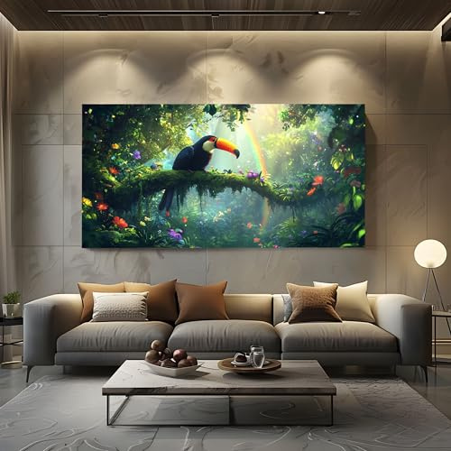 ZORYAN Groß Leinwand Bilder für Schlafzimmer Deko Tropenpflanzen Tukan XXL Kunstdruck mit Regenwald Vogel Wanddeko Dschungel Papagei Wandbilder - Modern Decor Canvas Ungerahmt 60x120 cm