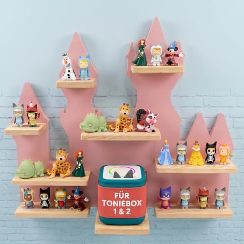 Tonie Regal Schloss - bis zu 30 Figuren & Toniebox 1 & 2 - Tonie Wandregal | Tonie Aufbewahrung Rosa mit Ladestation I Toniebox Regal Mädchen & Jungen für Figuren Tonieregal