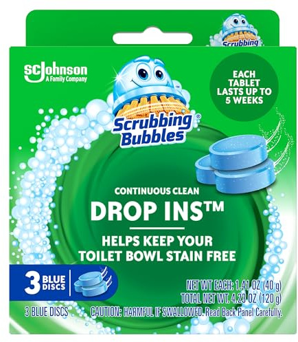 Scrubbing Bubbles Continuous Clean Toilet Drop-Ins, Automatic Blue Toilet Bowl Cleaner, Septic-Safe Tank Tablets Remove Hard Water Minerals & Limescale, Stain & Smell Protection, 3 Count (Pack of 1)