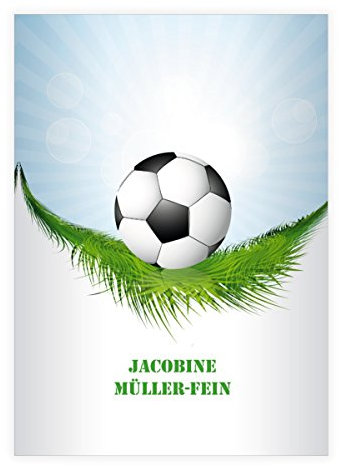 Kartenkaufrausch 16 personalisierte, Schicke Fußball Fan DIN A5 Schulhefte, Schreibhefte mit Ball auf Rasen Lineatur 4 (liniertes Heft)