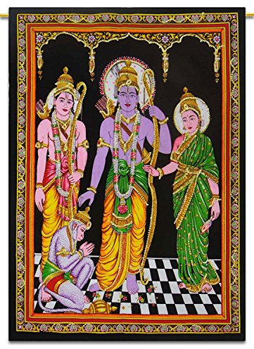 Sophia-Art Krishna Wandteppich, einzigartige Laxmi-Arbeit, Shiva Radha, handgefertigt, Gott, Baumwolle, Buddha, Pailletten, Wandbehang, Ram-Pailletten, indisches Poster (Ram Parivaar)