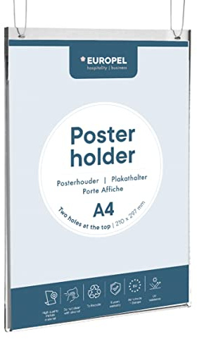 Europel Tischaufsteller A4 Acryl – Beidseitig, 2 Aufhängeösen, kristallklar, für Büro, Restaurant und Hotel