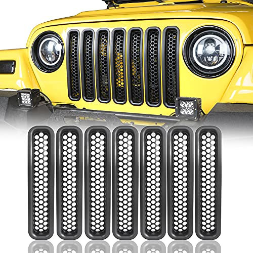 opar Black Front Grill Mesh Inserts Clip-in Honeycomb Grille Guards for 1997-2006 Jeep Wrangler TJ & Unlimited (Pack of 7)
