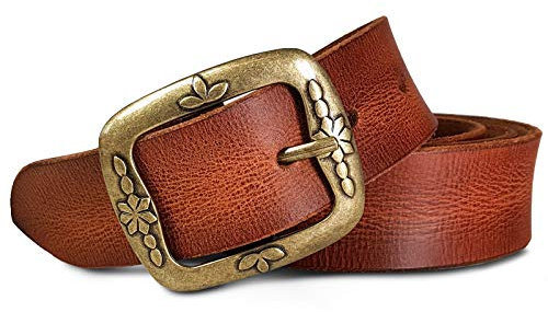 ROYALZ Vintage Ledergürtel für Damen aus Büffel-Leder 38mm breit Jeans-Gürtel Damen kürzbar Voll-Leder, Größe:Bundweite 80 cm = Gesamtlänge 95 cm, Farbe:Cognac Braun - Schnalle Floral Antik