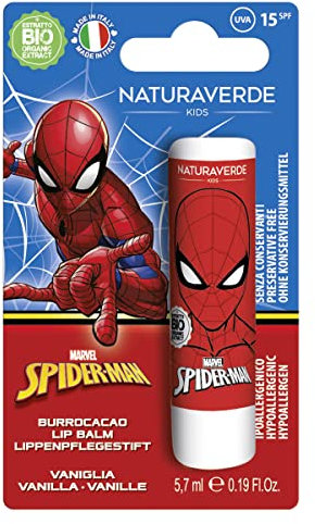 Naturaverde | Kids - Disney Marvel Spiderman - Burrocacao alla Vaniglia, Burro Cacao Bambino con Burro di Karité BIO, con Filtri UVA-UVB - SPF 15, Lipstick da 5,7ml