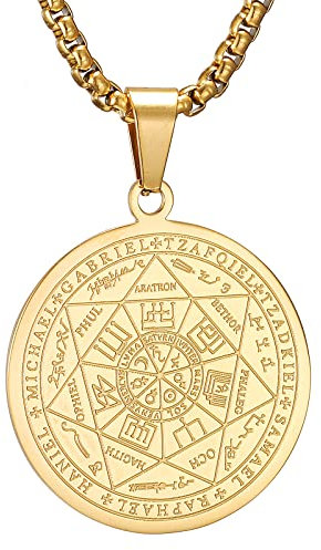 AFSTALR Collier Médaille de 7 Archanges pour Homme Femme Talisman Pentagramme de Salomon Amulette de Protection Magique Or