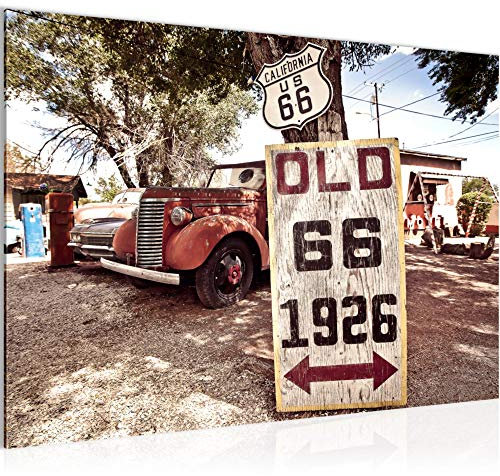 Runa Art Bild Auto Route 66 Modern Wandbilder Wohnzimmer 1 Teilig - Made In Germany - Oldtimer Bunt Rot Flur 609815a