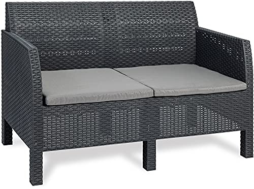 Ondis24 Madrid Lounge Sofa aus Kunststoff in Rattan Optik mit Lounge Kissen anthrazit (2: Sofa (2 Sitzer))