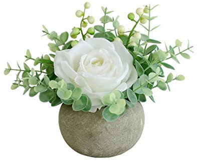 Rosscer Rose in vaso Decor Fiori artificiali in vaso Mini piante finte per interni piccole rose finte per casa, bagno, cucina, ufficio, feste di nozze centrotavola bianco