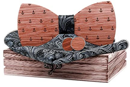 Lvguang Hölz Fliege Herren, Hölzerne Fliege Set mit Einstecktuch und Manschetten, Klassische Mode Holzfliege, für Hochzeiten, Aufführungen, Abschlussball, Partei und Täglich