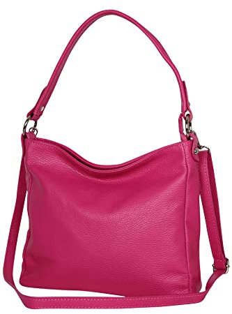 AmbraModa GL35 Sac à main sac à bandoulière pour femme en cuir véritable vache grainé, fuchsia