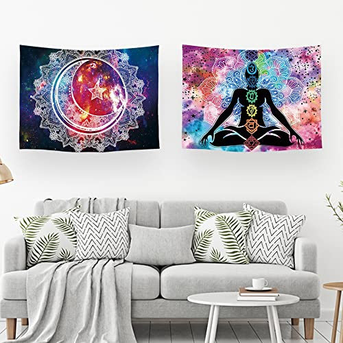 Ulticool – Wandteppich Dekoration Wohnung - Chakra Healing Aura Spiritualität Mandala Weiß Violett Blau - Set von 2 Motiven – 73 cm x 95 cm - Wandtuch - Accessoires für Wohnzimmer