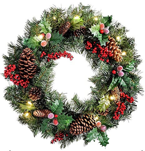 30CM Künstlicher Weihnachtskranz mit LED Licht für Haustür Kamin Dekoration,Türkranz mit Beleuchtung,Weihnachten Kränze Adventskranz Weihnachtsgirlande Künstlich Dekokranz mit Tannenzapfen Beeren