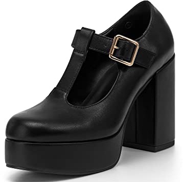 Coutgo Black Platform Heels for Women T-Strap Patent Chunky Heel Mary Jane Shoes