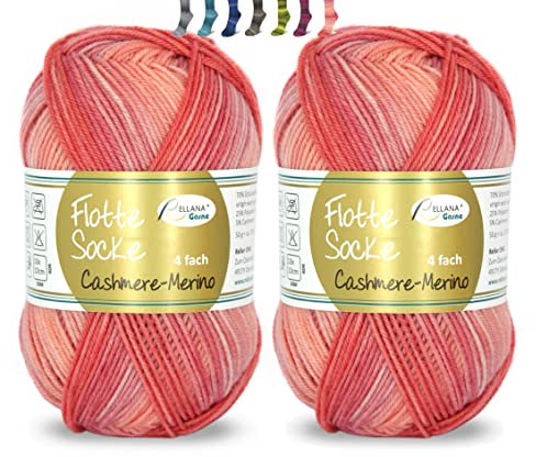 theofeel Set | Sockenwolle mit Kaschmir 4-fädig 2x50g | Sockengarn Rellana Flotte Socke Cashmere Merino | Strumpfwolle aus Merinowolle und Kaschmirwolle (1329 apricot degradé (2x50g))
