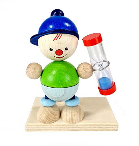 Hess Holzspielzeug 14596 - Zahnputzuhr aus Holz inkl. Sanduhr mit farbigem Sand, Junge Luis, handgefertigt, für Kinder zur Pflege der Zähne