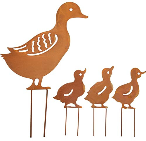 Healvian Rost Deko für Garten Enten Deko Enten Rost Vogel Stecker Edelrost Gartenfigur Entenfamilien Stecker Frühlingsdeko Zaunhocker für Ostern Garten Rasen Hof Weg
