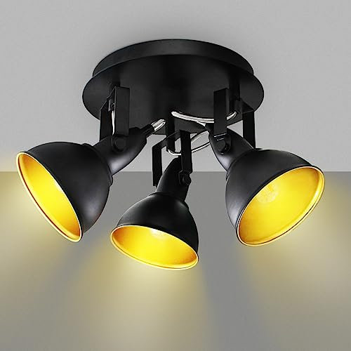 Unikcst LED Ceiling Light Rotatable, Retro 3 Way Ceiling Spotlights with Round Plate, Matt Black Metal Lights Fittings for Kitchen,Bedroom,Living Room,Hallway, E14 Bulb Base(No Bulbs)