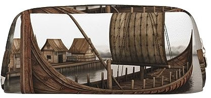 Leder Federmäppchen Alte Wikinger Boot Drucken Stifteetui Bleistift Tasche Leder Bleistift Tasche Schreibwaren Tasche, gold, Einheitsgröße, Taschen-Organizer