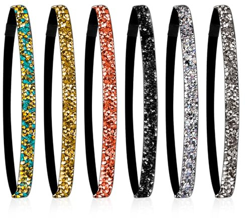 Lot de 6 bandeaux élastiques à paillettes pour femme, bandeau antidérapant avec strass, taille réglable, bandeau en tissu pour le sport, le yoga