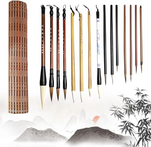 Lot de 15 pinceaux de calligraphie chinoise pour débutants - Différentes tailles avec rideau de stylo - Stylos de calligraphie traditionnels pour dessin, écriture, peinture