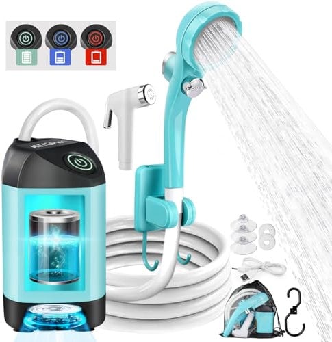 AUTOPkio Campingdusche mit Akku, Verbesserte Camping Dusche 4500mAh Wiederaufladbar Pumpe, IPX7 Wasserdicht für Camp, Outdoor, Wandern, Autowaschen, Haustier (Blau)